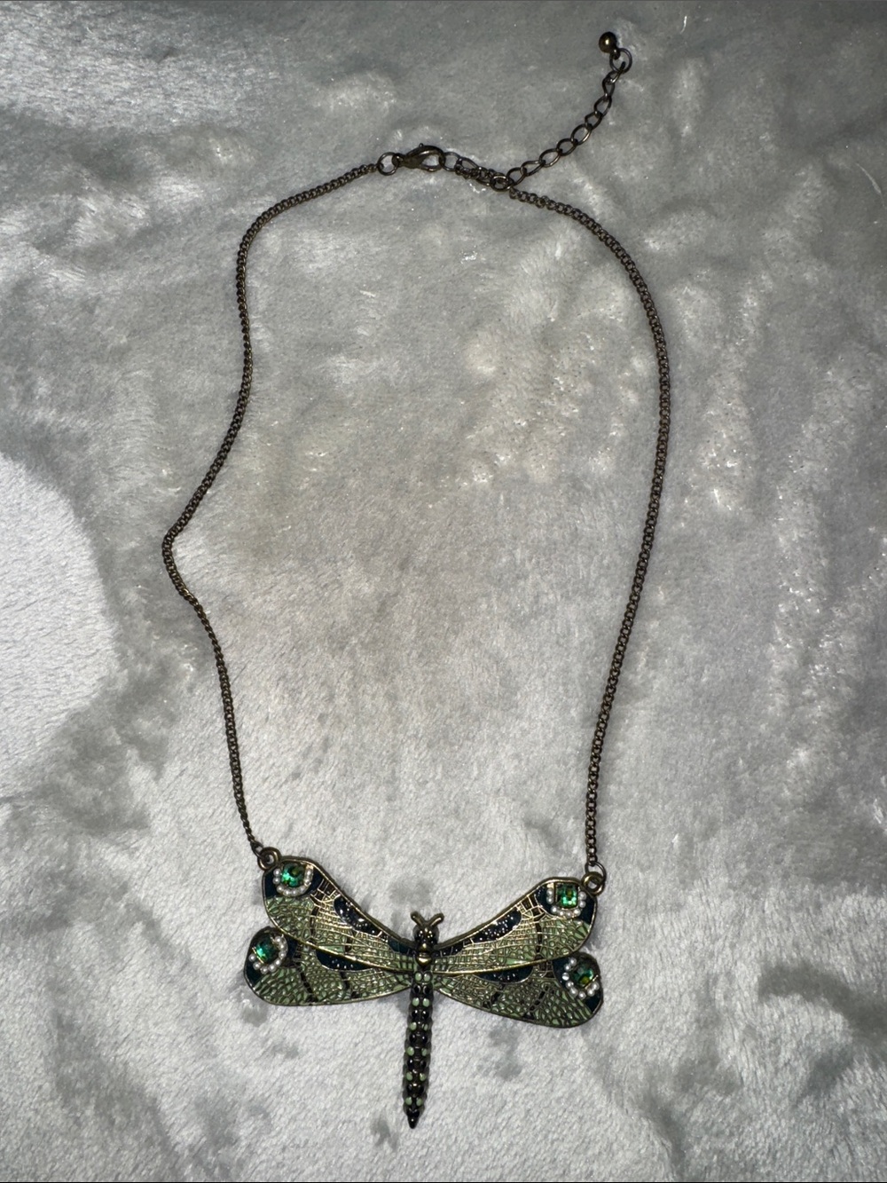 Dragonfly Pendant Necklace with Green Rhinestones